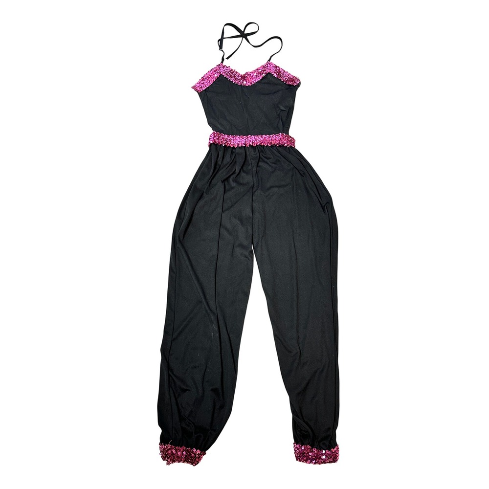 Vintage 70s 80s Pink Sequins Black Halter Dance Jumpsuit Harem Leg Stretch